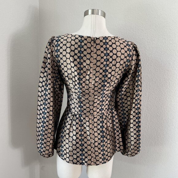 Nanette Lepore Blouse Womens 2 Black Beige Polka Dot Silk Balloon Sleeve Top USA - Picture 5 of 13